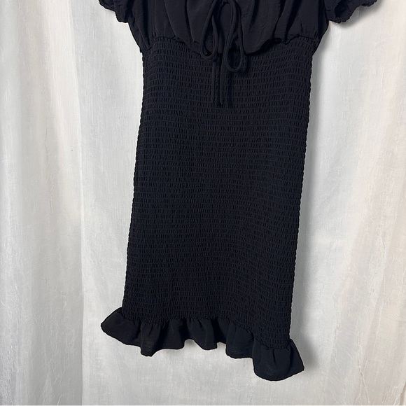 Love Stitch Black Dress Smocked Puff Sleeve Babydoll Mini Dress w/ Ruffle Hem - Picture 9 of 16